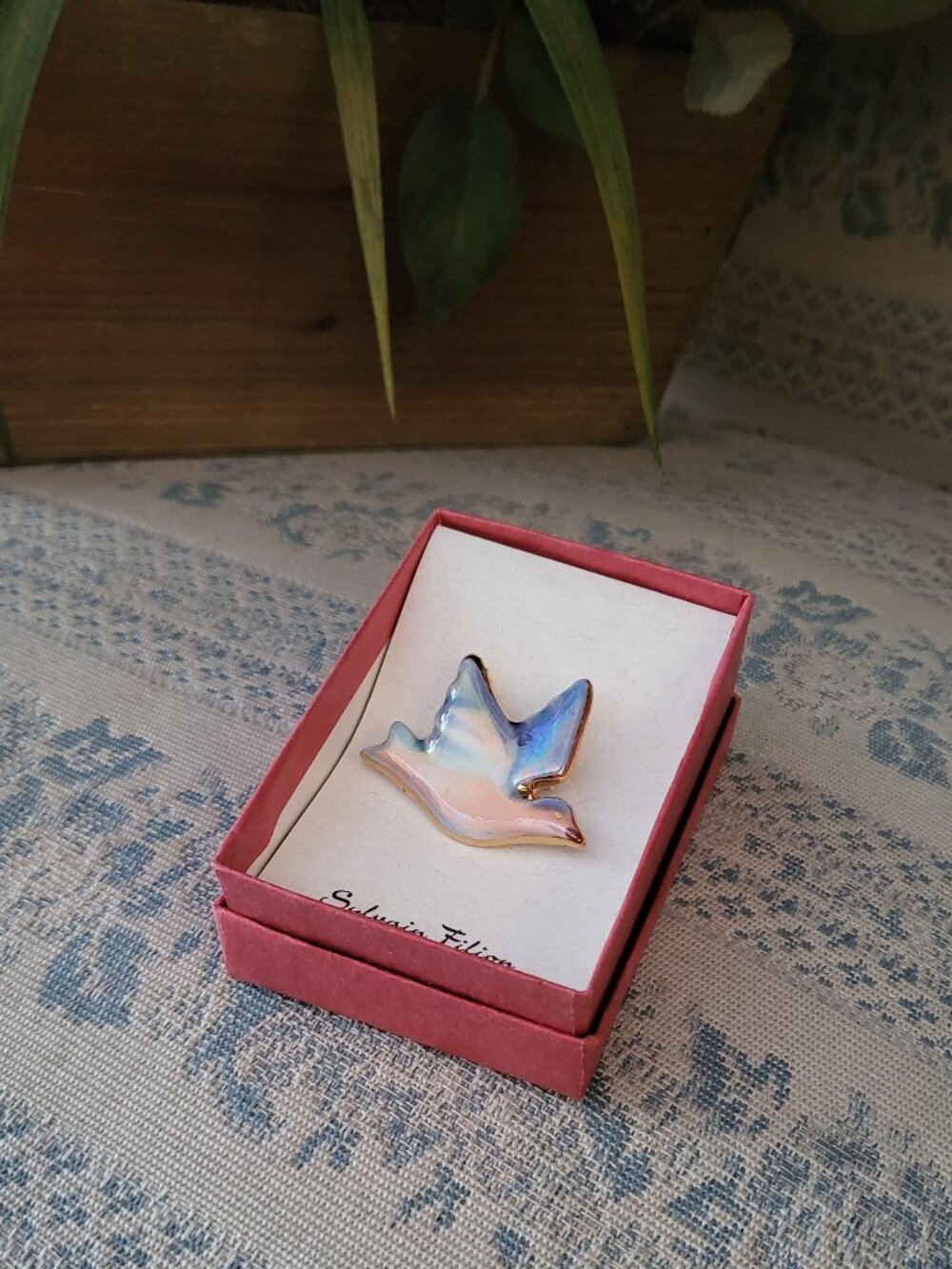 Vintage Bird Ceramic Brooch 22k Gold Accents